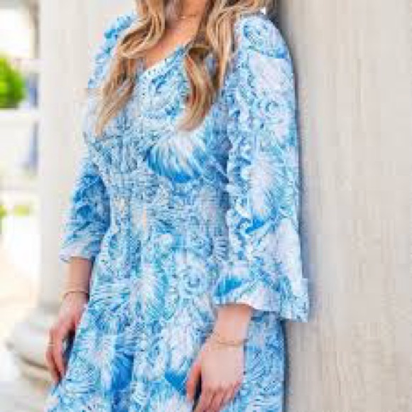 Chico's Dresses & Skirts - NEW Chico's $149 Chiffon Bell Sleeve Dress 1 blue and white seashells 6 smocked